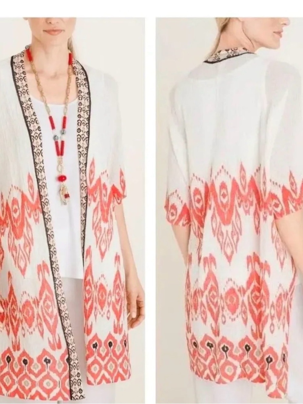 Chico's White Tunic with Coral Ikat Border and Black Trim